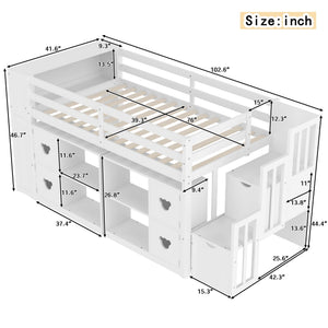 Loft Bed with Storage Cabinets, Staircase Drawers & LED Lights