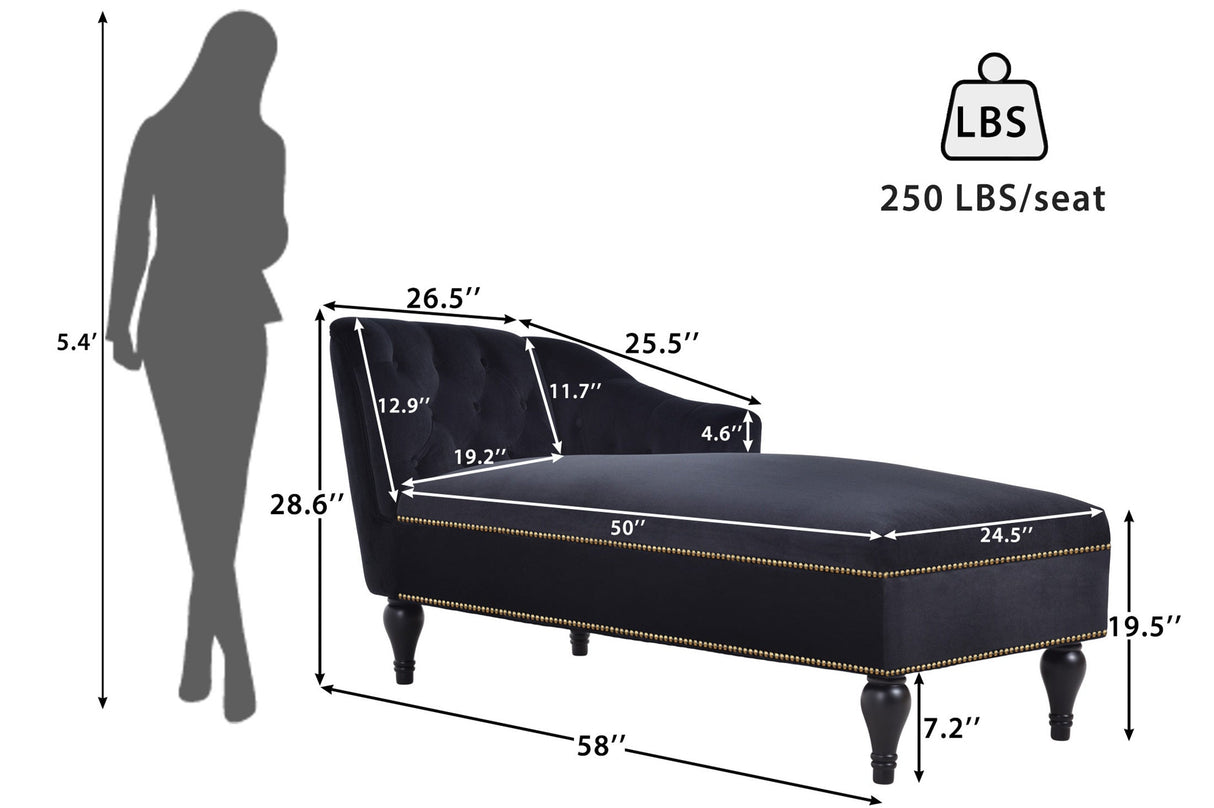 58" Velvet Chaise Lounge with Nailhead Trim and Solid Wood Legs