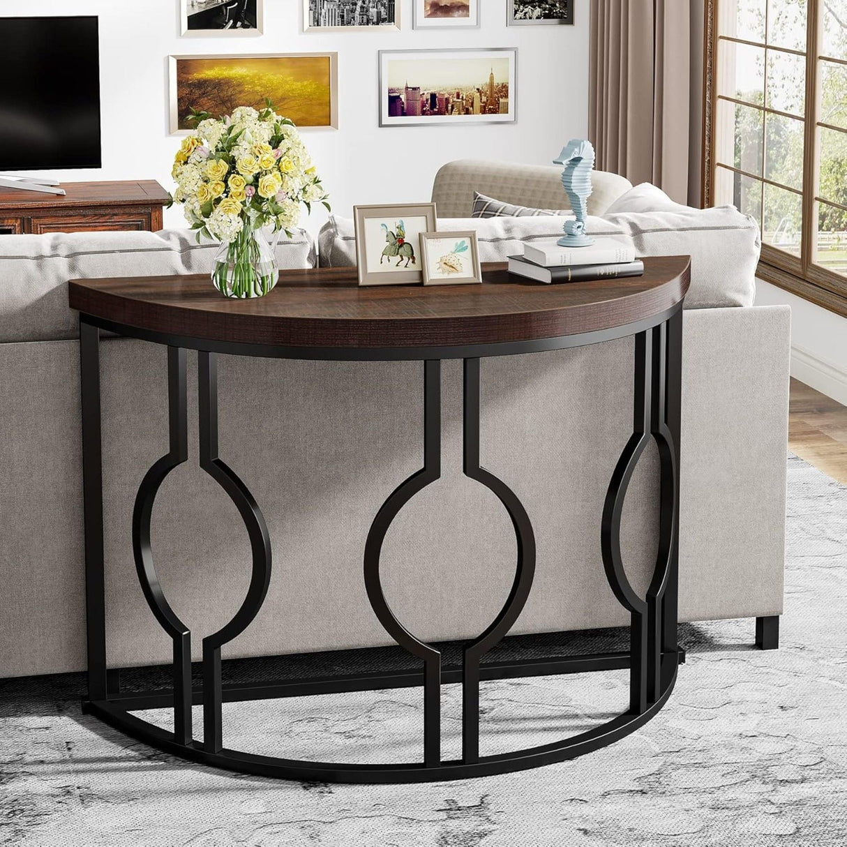 Semi Circle, Half Moon Console Table For Entryway With Geometric Base For Living Hallway - Rustic Brown