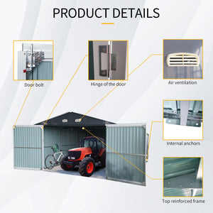 Outdoor Storage Shed Metal Garage Shed For Car, Bike, Lawnmower Backyard Tool House Building 2 Doors And 4 Vents - Black