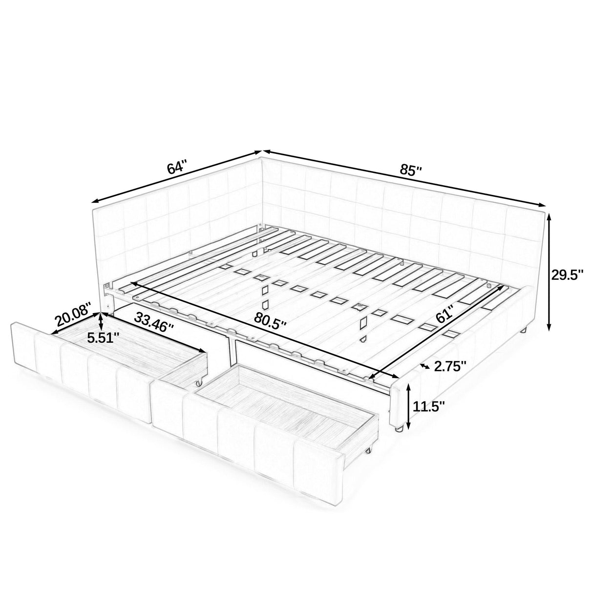Mid-Century Storage Upholstered Tufted Bed Frame with Backrest and Armrests