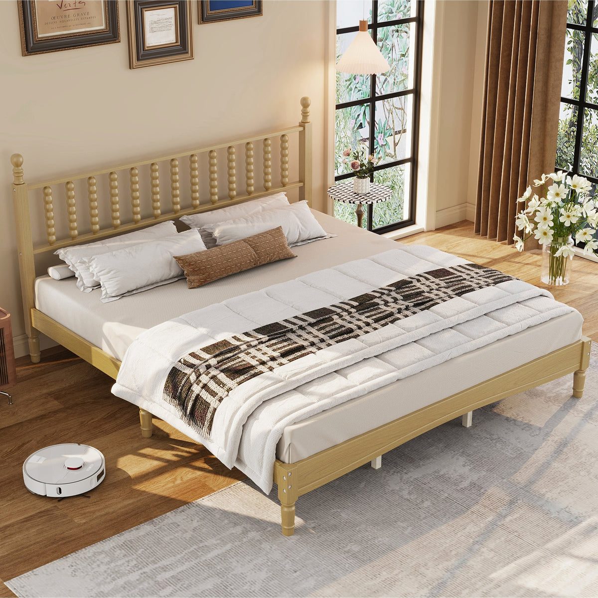 King Size Wood Platform Bed with Gourd Shaped Headboard