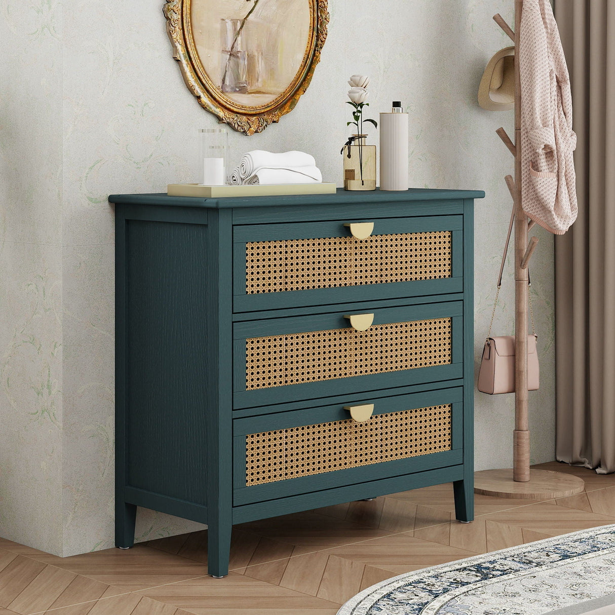 3 Drawer Cabinet, Natural Rattan, American Furniture