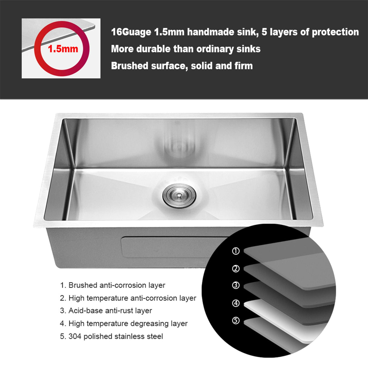 28" Undermount Kitchen Sink With 10" Deep Single Bowl in Brushed Nickel