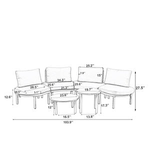 6 Piece Patio Set, Half Moon Outdoor Sectional Sofa With 2 High Low Coffee Tables, 4 Pillows & Cushions