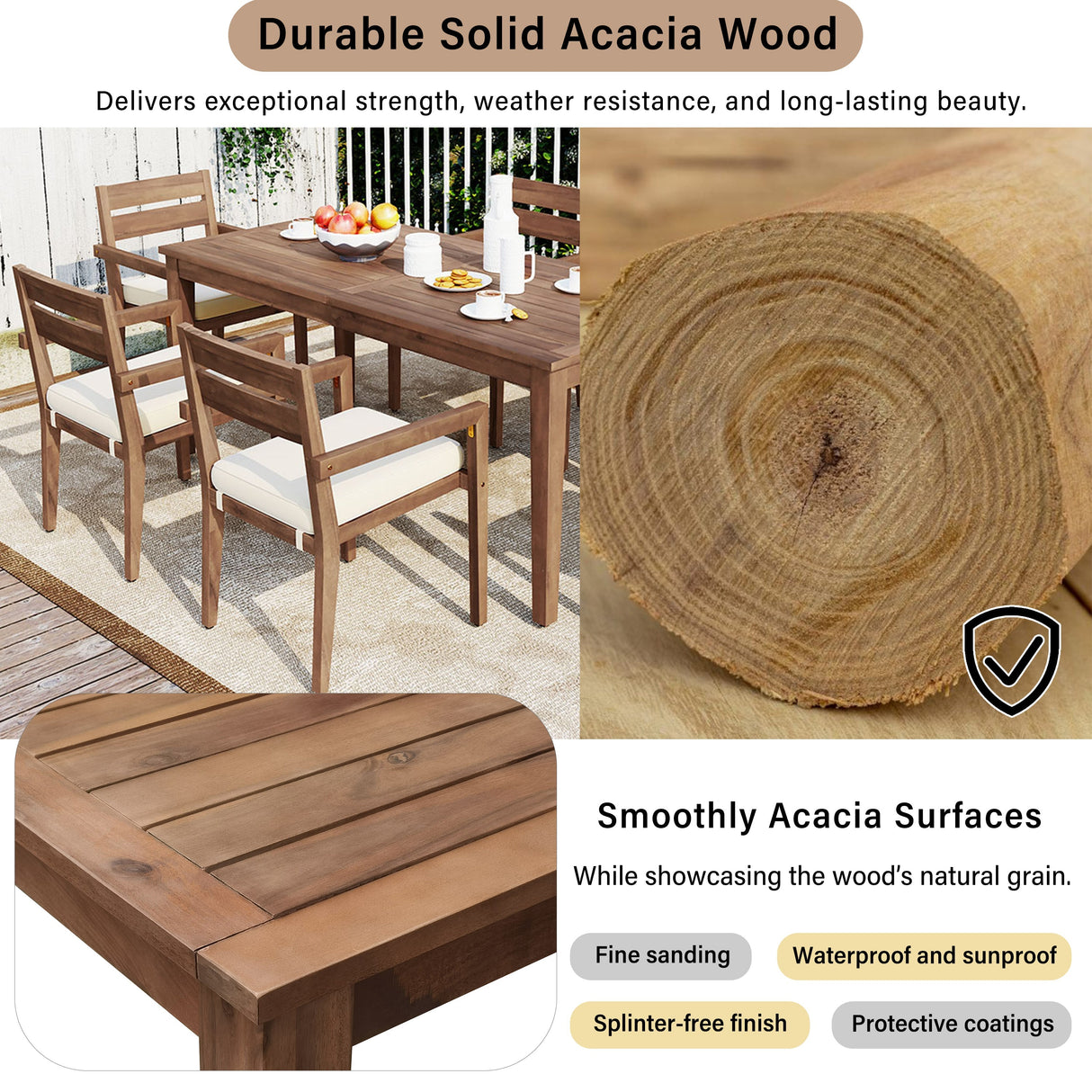 U_Style 7 Pieces Acacia Wood Outdoor Dining Set with Cushions