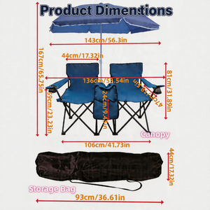 Portable Double Folding Beach Chair Set with Umbrella, 2-Person Outdoor Camping Chair with Cup Holders, Foldable Patio Chair for Picnic, Backyard, Travel