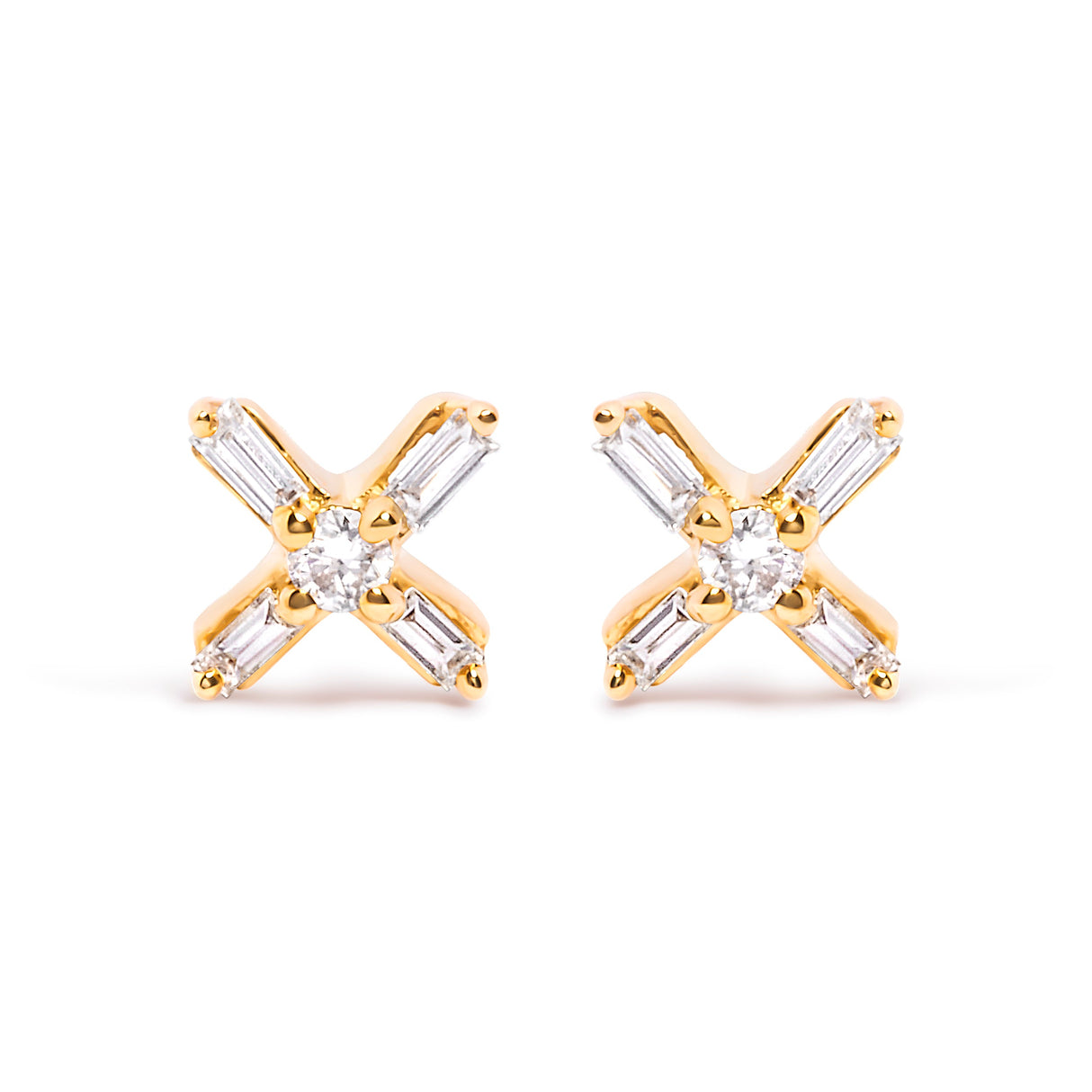 10K Yellow Gold 1/10 Cttw Round and Baguette Diamond Criss Cross X Stud Earring (H-I Color, I1-I2 Clarity)
