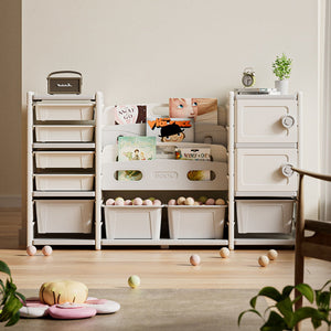 Kids Toy Storage Organizer With 8 Removable Toy Bins, 4 Tier Bookshelf, And 2 Cabinet Storage - Gray / Ivory