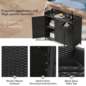 K&K 47.5"W Wicker Outdoor Storage Cabinet with Tempered Glass Desktop