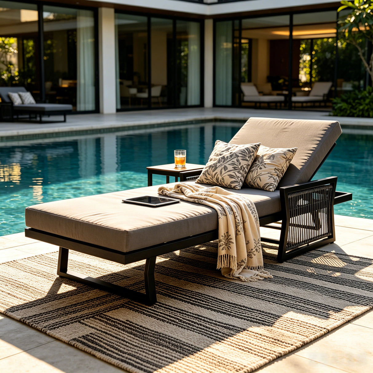 Black Iron Outdoor Chaise Lounge with Mixed Rope