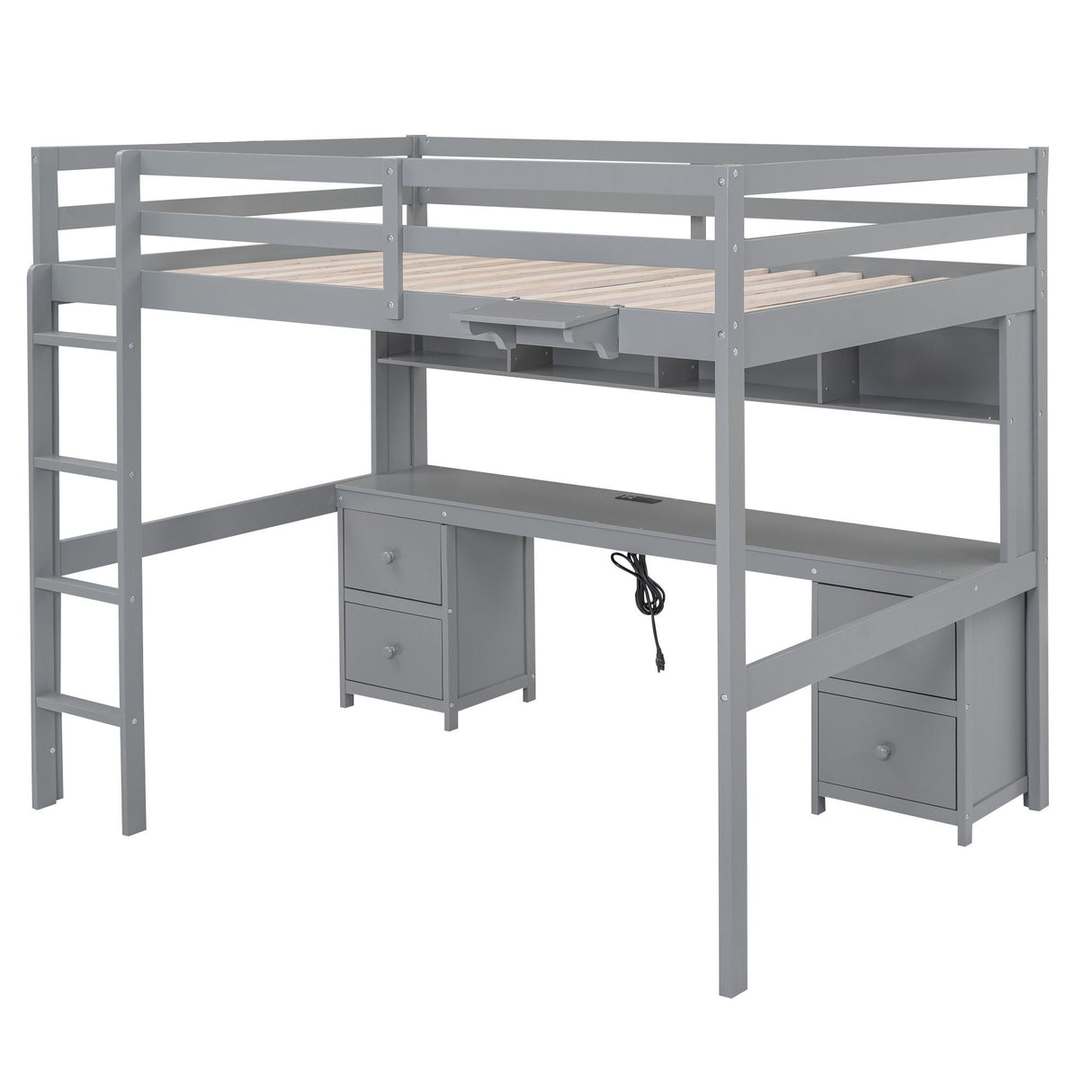 Loft Bed With Desk, Cabinets, Drawers, Charging Station And Bedside Tray