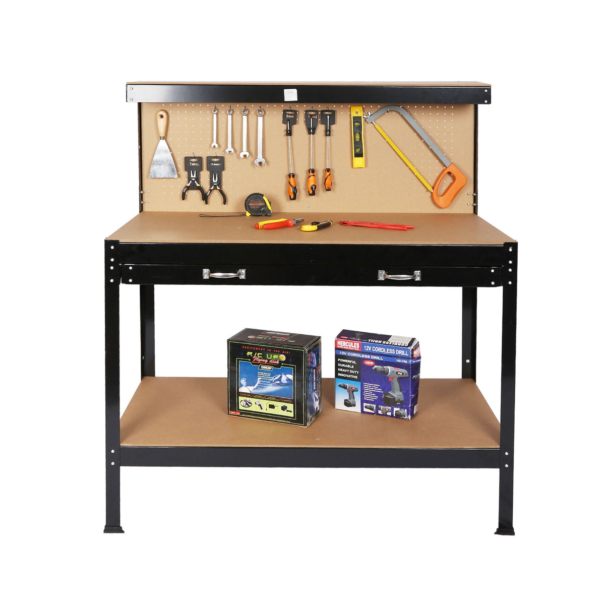 Wood Work Bench with Steel Frame - Black / Light Brown