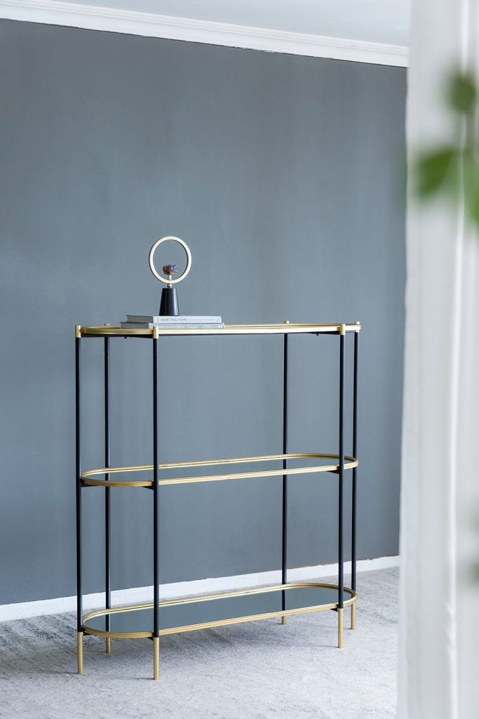 3 Tier Metal Console Table, Mirrored Shelf - Golden Black