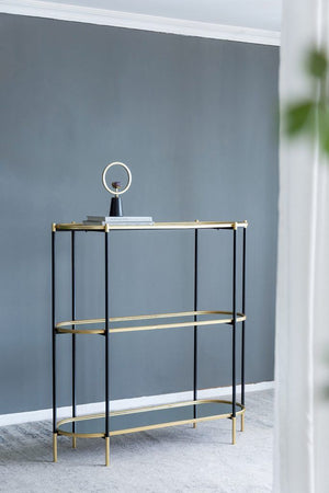 3 Tier Metal Console Table, Mirrored Shelf - Golden Black