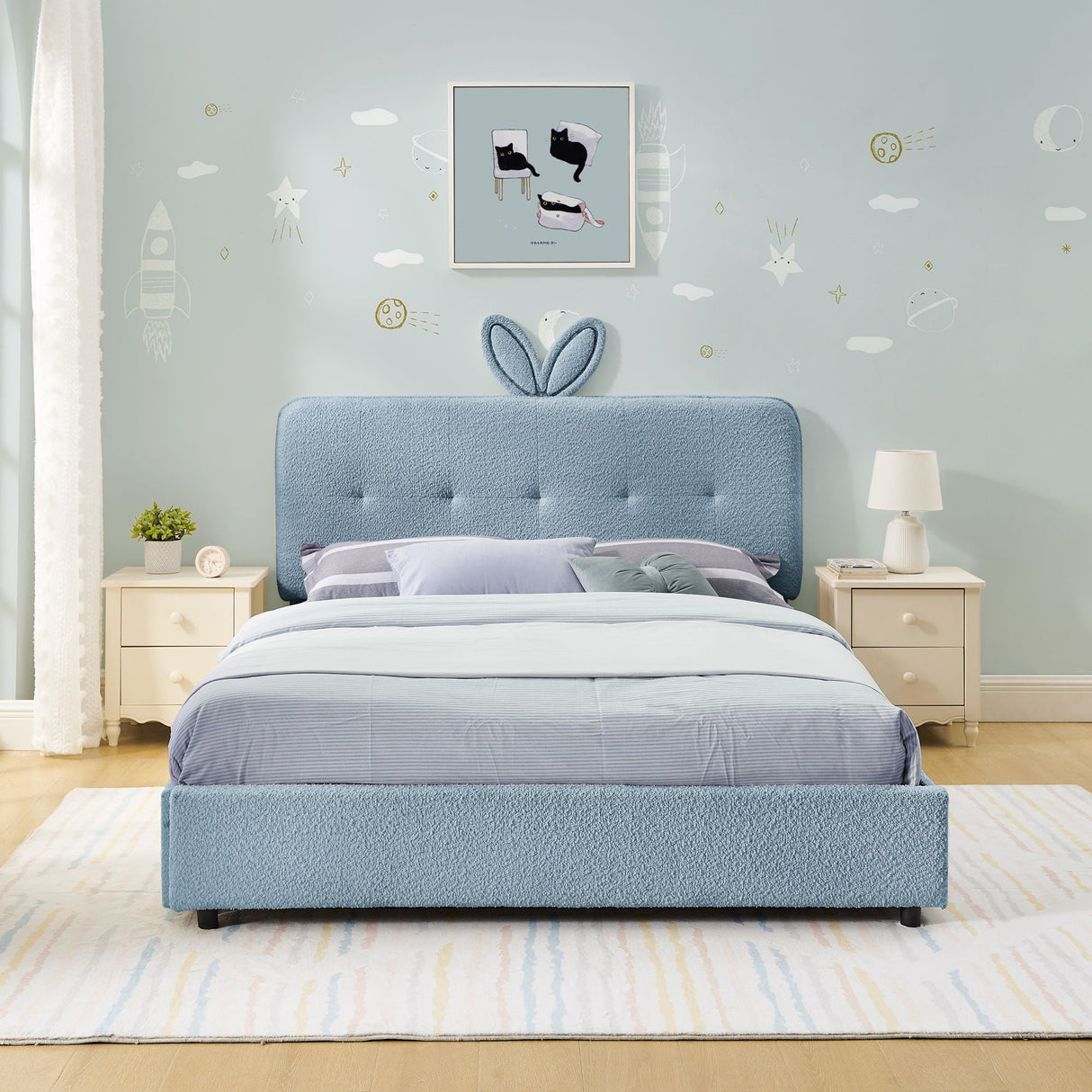 Upholstered Bed With Oversized Rabbit Ear Headboard, LED Lights & 4 Storage Drawers