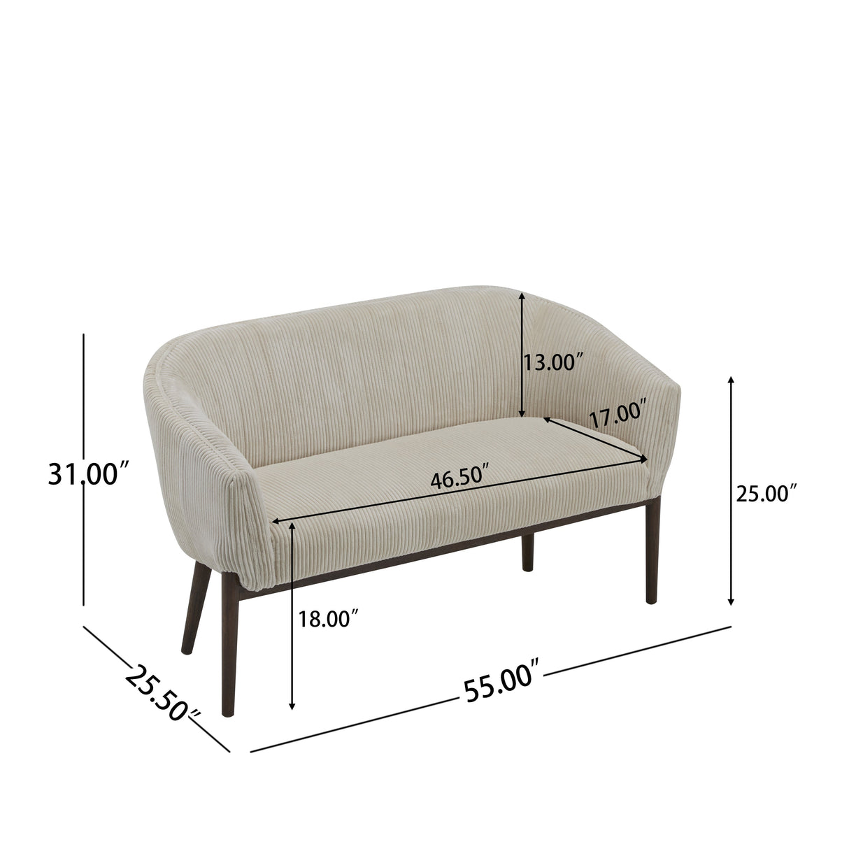Corduroy Recessed Arm Loveseat (Beige + Walnut)