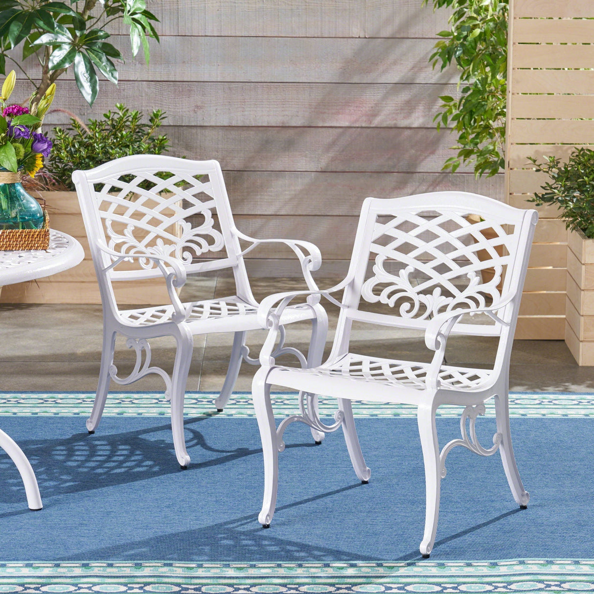 Unravel Outdoor Arm Chair With Scroll Design And Floral Accents (Set of 2) - White
