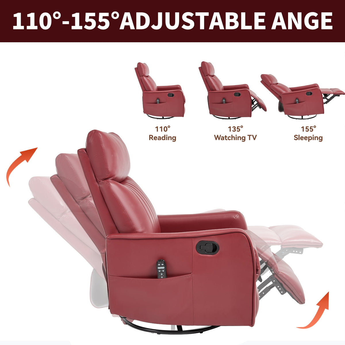 Red Faux Leather Recliner Chair with Heat & Massage - Swivel Rocker