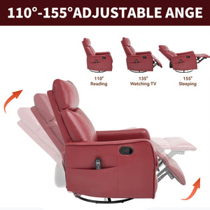 Red Faux Leather Recliner Chair with Heat & Massage - Swivel Rocker