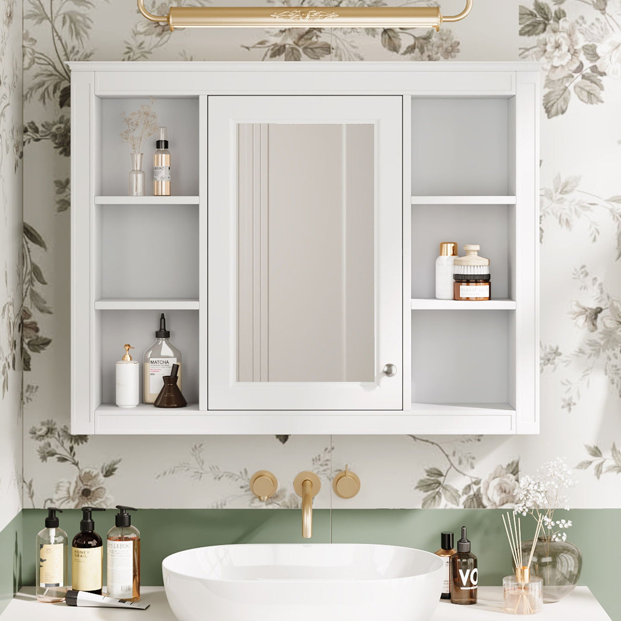 Wall Mounted Medicine Cabinet With Mirror and 6 Open Shelves