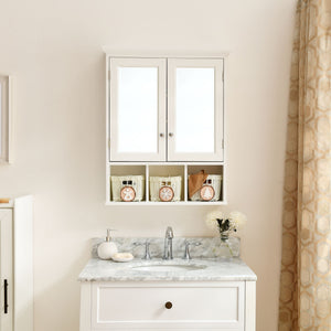 Bathroom Storage Cabinet, Medicine Cabinets For Bathroom With Mirror, 2 Doors 2 Adjustable Shelf & 3 Christmas Style Storage Basket - White