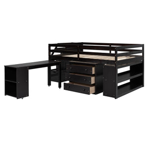 Loft Bed With Retractable Writing Desk And 3 Drawers With Storage Stairs And Shelves