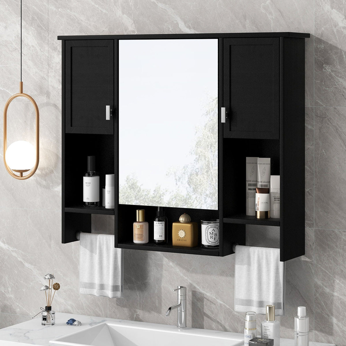 Wall Mounted Bathroom Storage Cabinet with Mirror and Towel Bar - Black, Dark Gray, or White