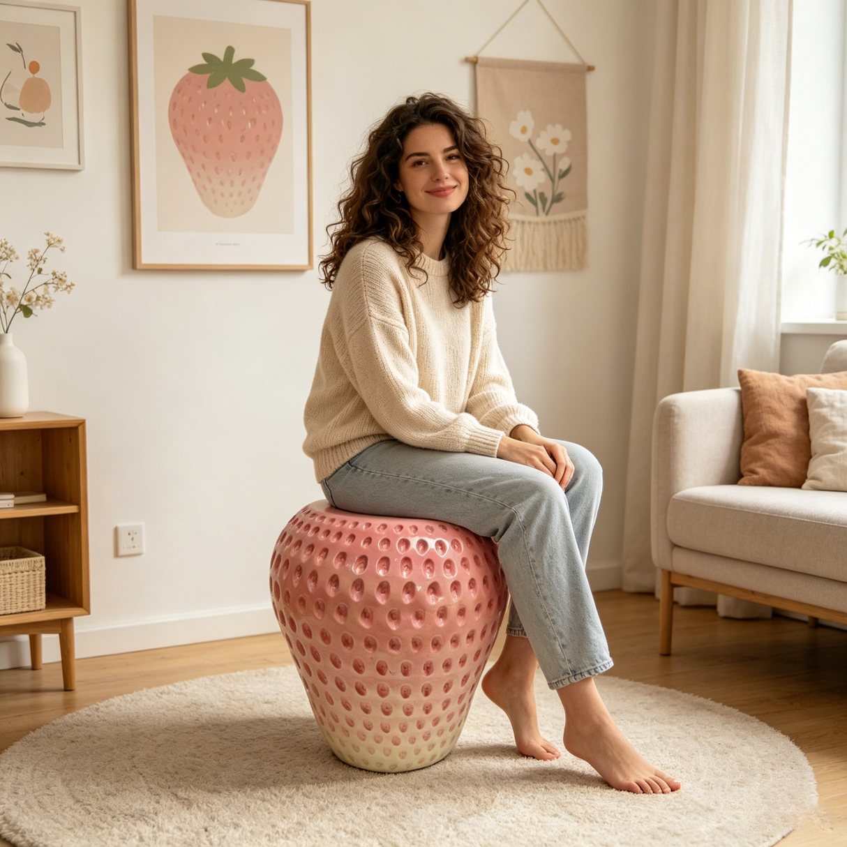 Strawberry Fruit Stool, 13.4" Oversized Resin Stool and Side Table