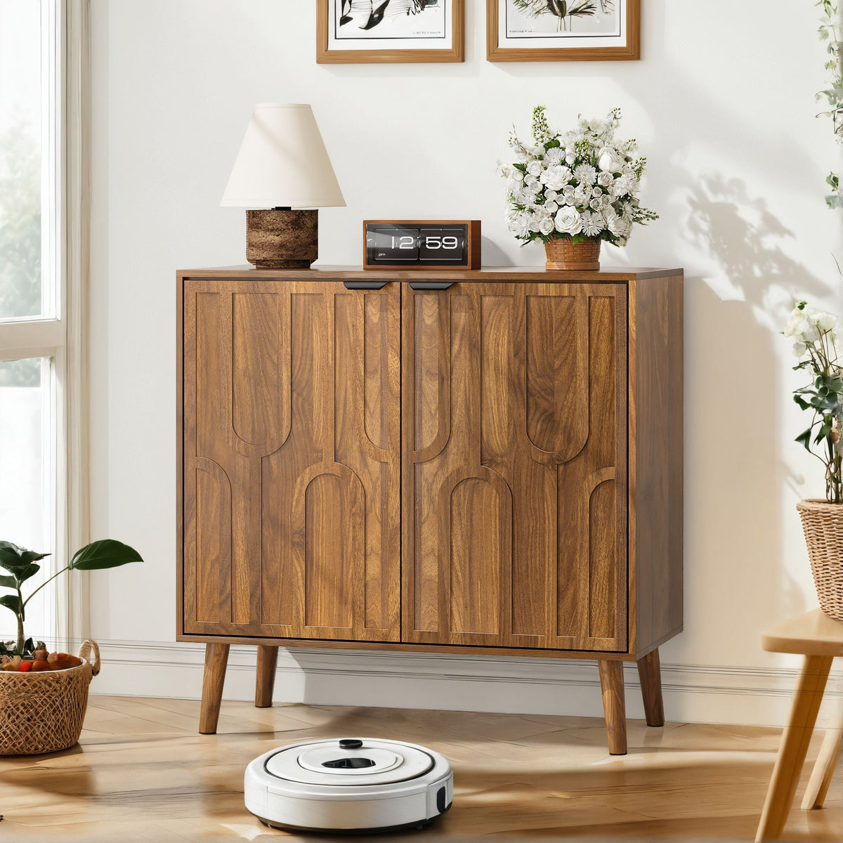 Farmhouse Style Sideboard Buffet Cabinet with Slatted Doors - Walnut