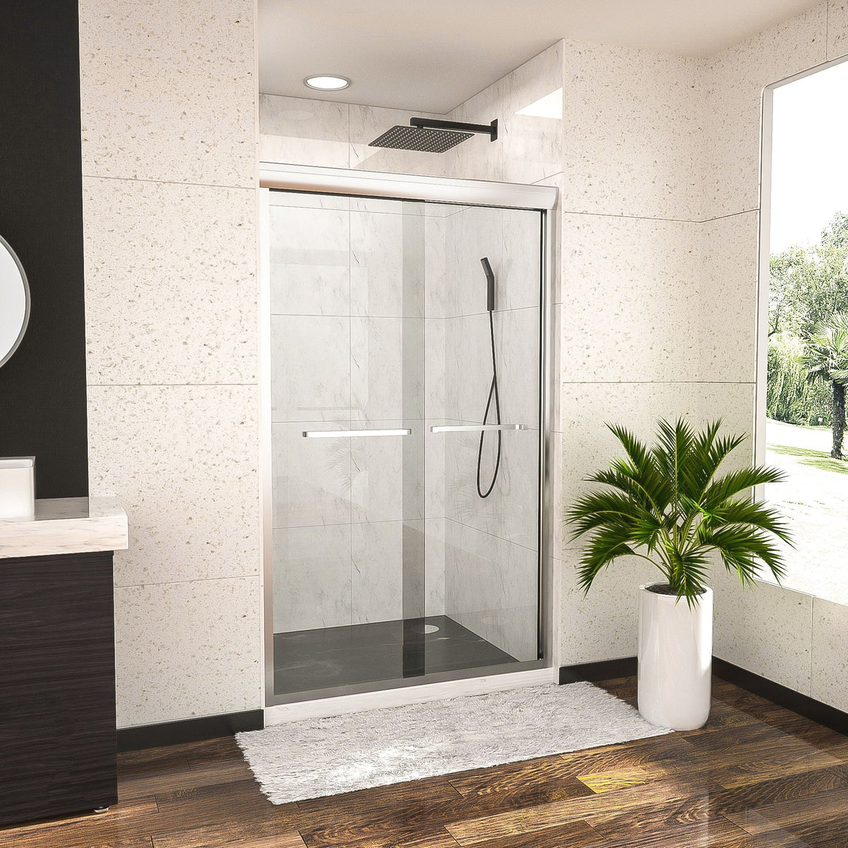Modern Double Sliding Shower Enclosure with Tempered Glass - Pearl Silver, Gray, Black