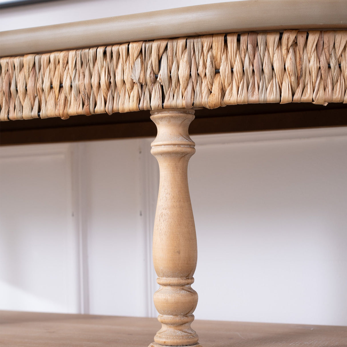 Handcrafted Wood Console Table with Hand-Woven Trim, 3-Tier Storage Shelves, Oval Entryway Table with Carved Legs, Rustic Coastal Farmhouse Accent Table, 49' Hallway Sofa Table