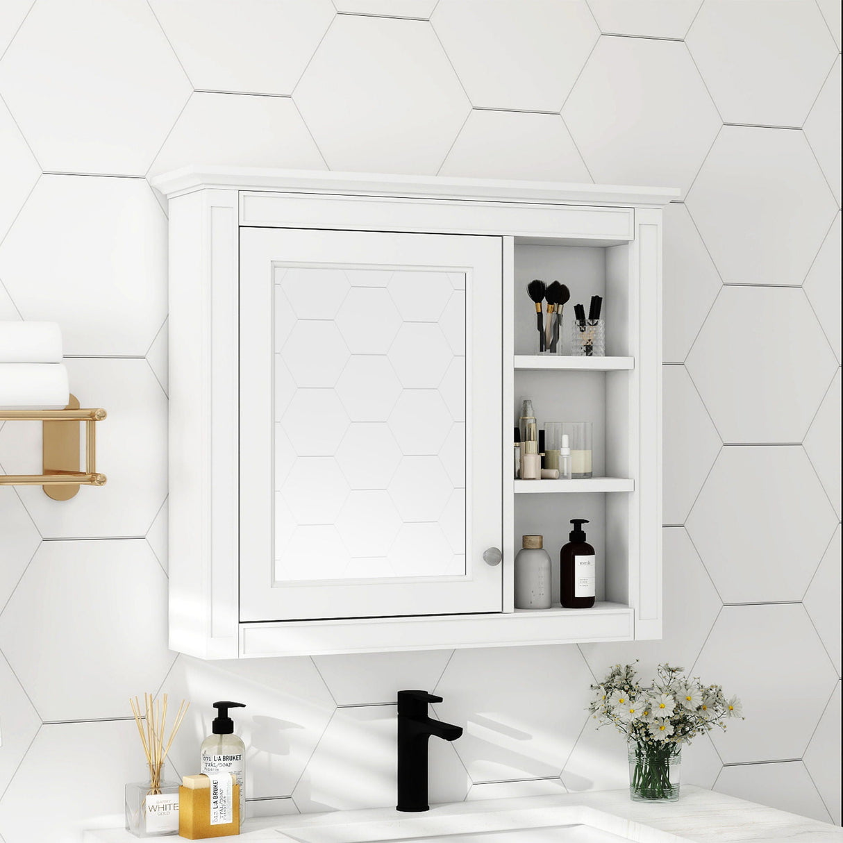 Wall Mounted Medicine Cabinet With Mirror And 3 Open Shelves