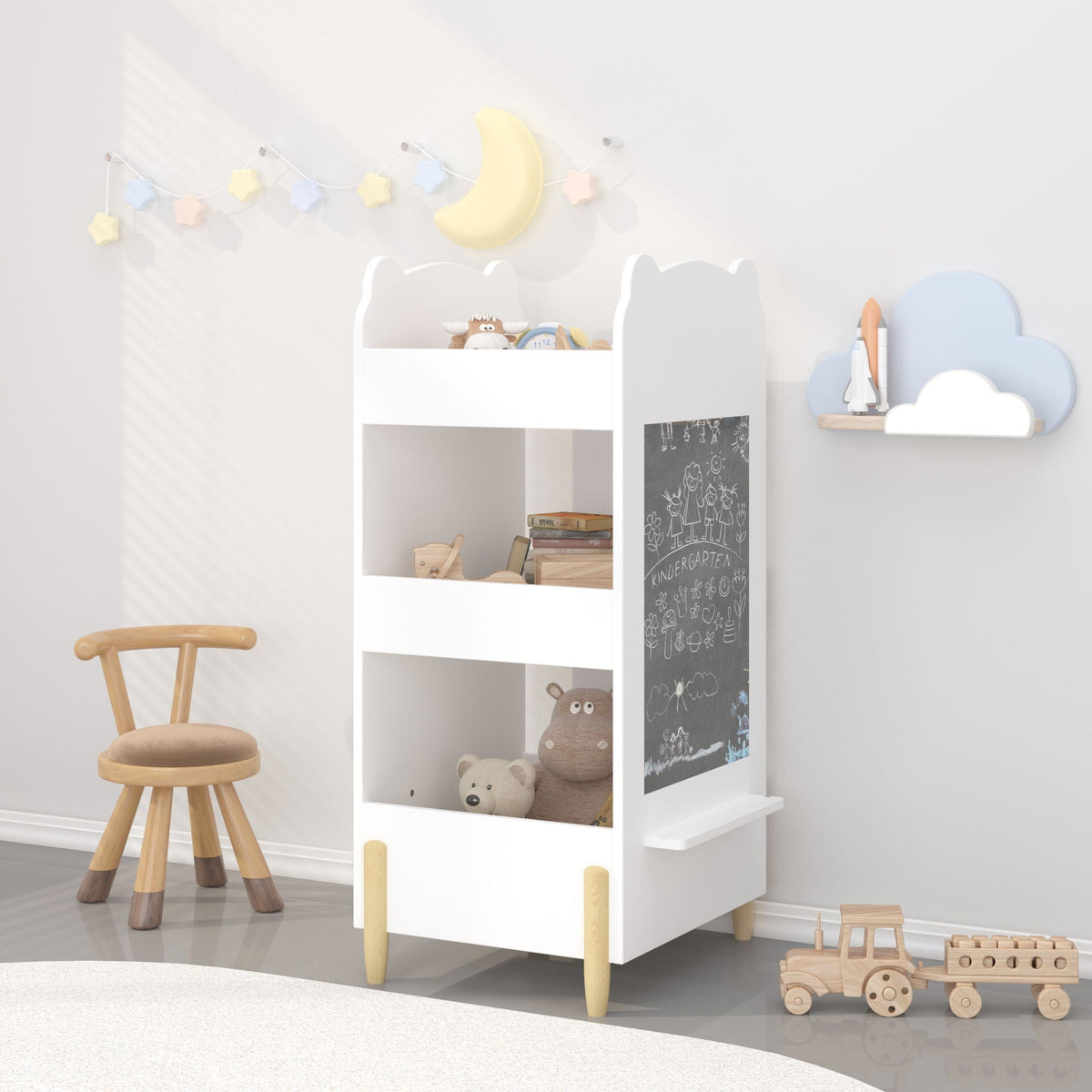 Bear Shaped Bookshelf with Chalkboard Side - 3-Tier Organizer - White