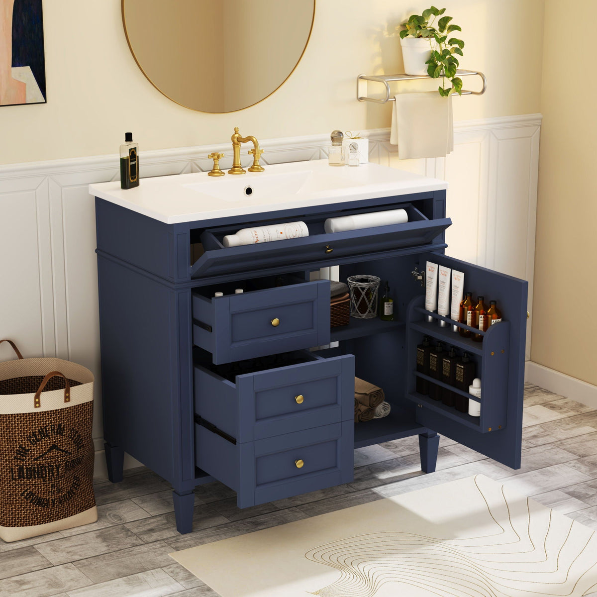 Bathroom Vanity With Top Sink, Modern Bathroom Storage Cabinet, 2 Drawers And A Tip-Out Drawer, Single Sink Bathroom Vanity - Blue