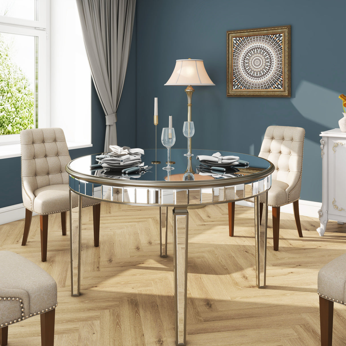Round Glass Dining Table with Mirror Top