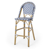29.5" outdoor pe rattan french barstool, navy blue and white, aluminum frame with bamboo finish (set of 2)