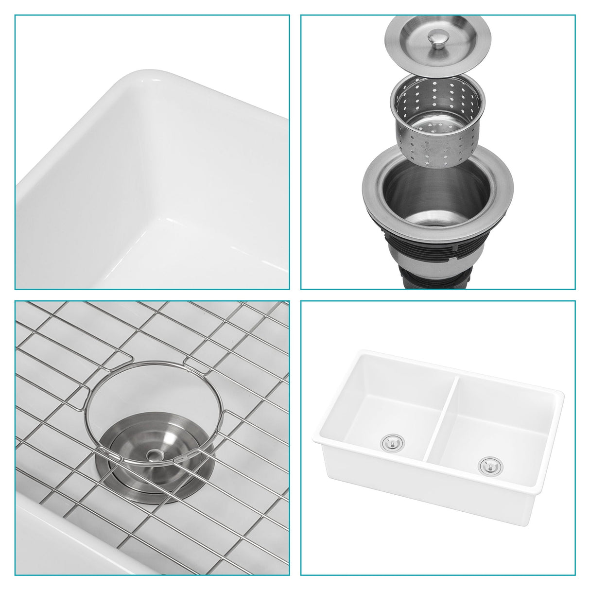 Elegant Dual Mount 32" Undermount Double Bowl Ceramic Kitchen Sink - White