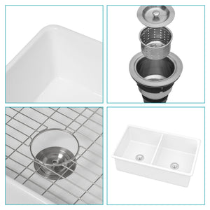 Elegant Dual Mount 32" Undermount Double Bowl Ceramic Kitchen Sink - White
