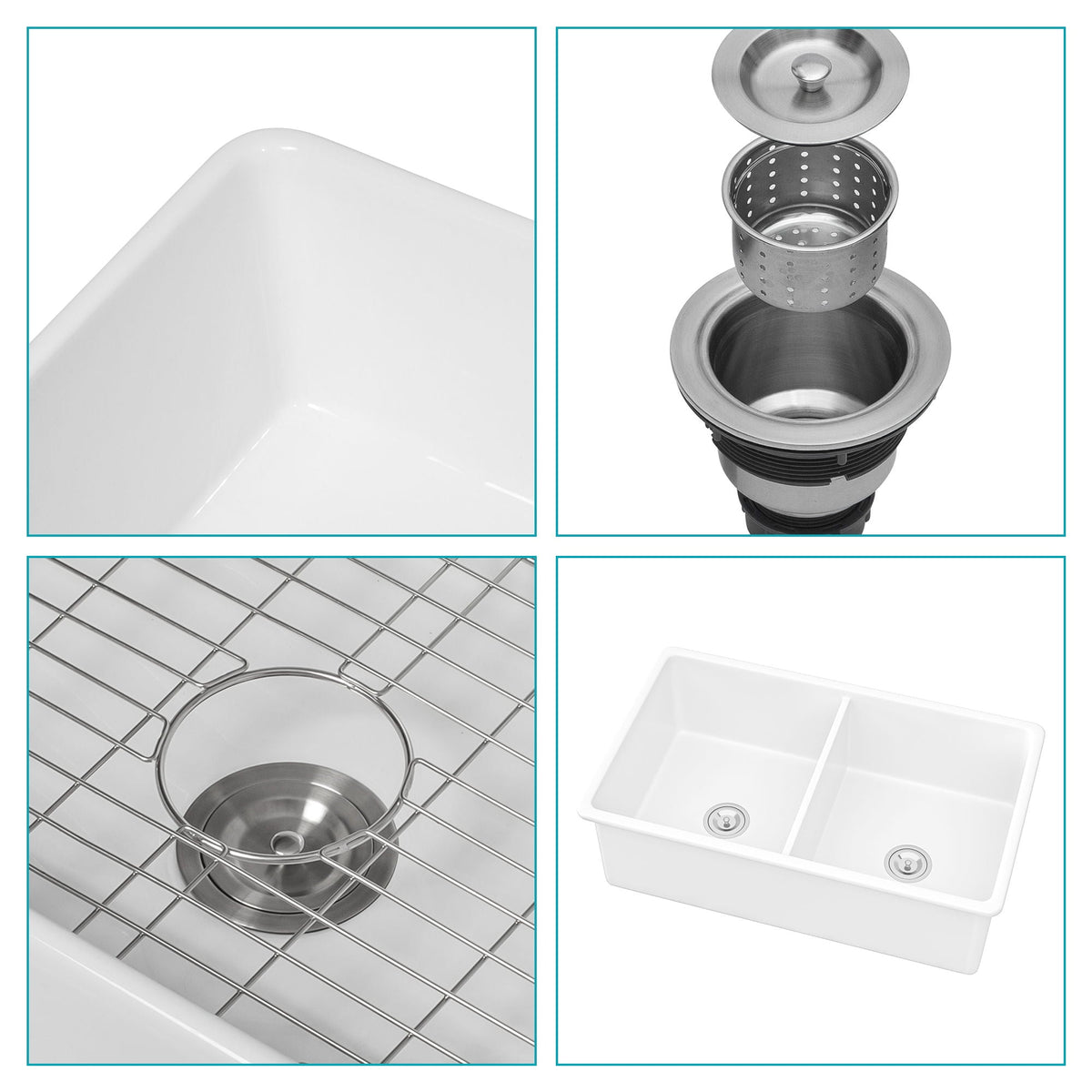 Elegant Dual Mount 32" Undermount Double Bowl Ceramic Kitchen Sink - White