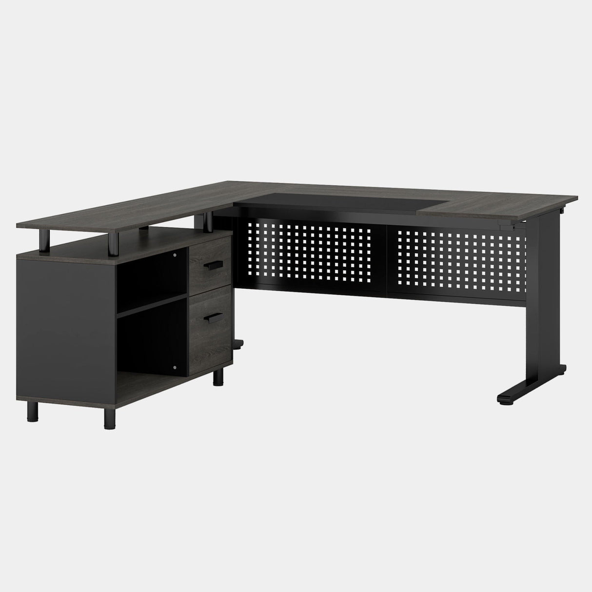 L-Shaped Executive Desk With File Cabinet, Office Workstation With Drawers, Shelves & Storage