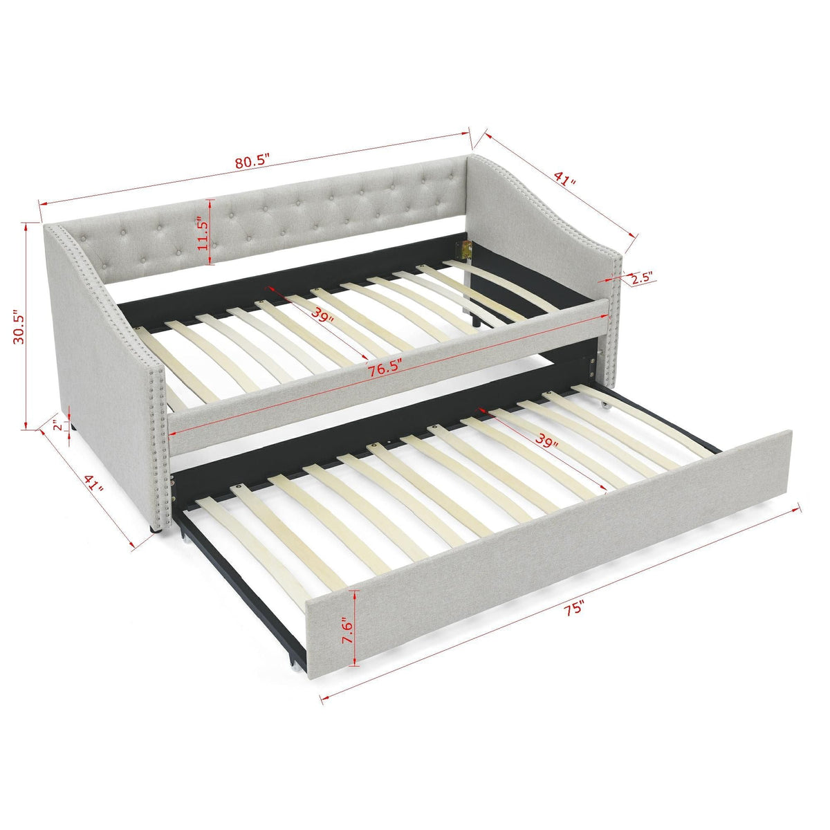 Upholstered Tufted Daybed With Drawers, Waved Arms