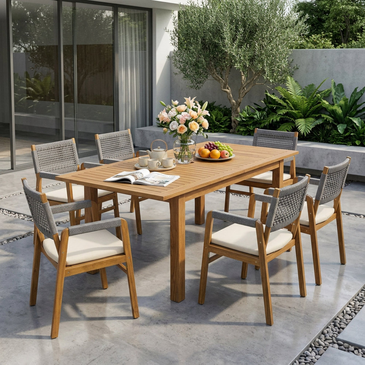 Outdoor 7 Pieces Rustic Patio Acacia Expandable Dining Set with Cushions