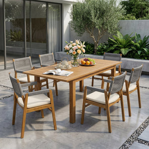 Outdoor 7 Pieces Rustic Patio Acacia Expandable Dining Set with Cushions