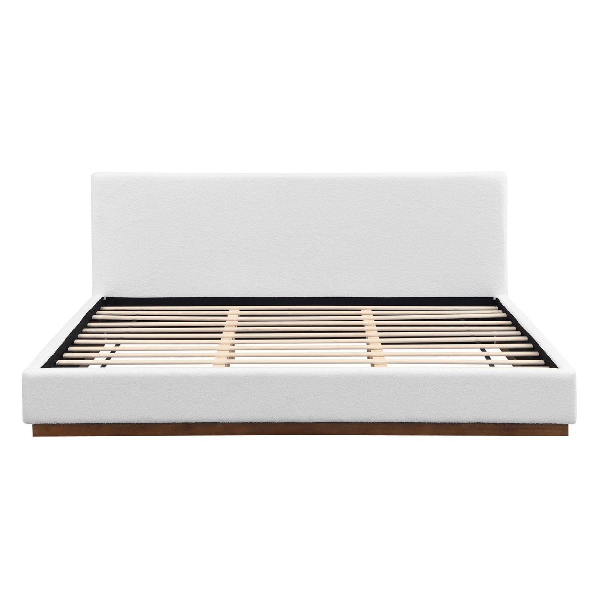 Elegant Boucle Upholstered Bed With Wood Grain Textured Solid Wood Base Frame