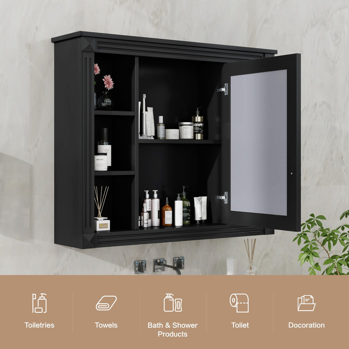Wall-Mounted Bathroom Storage Cabinet With Mirror, 6 Open Shelves - Black