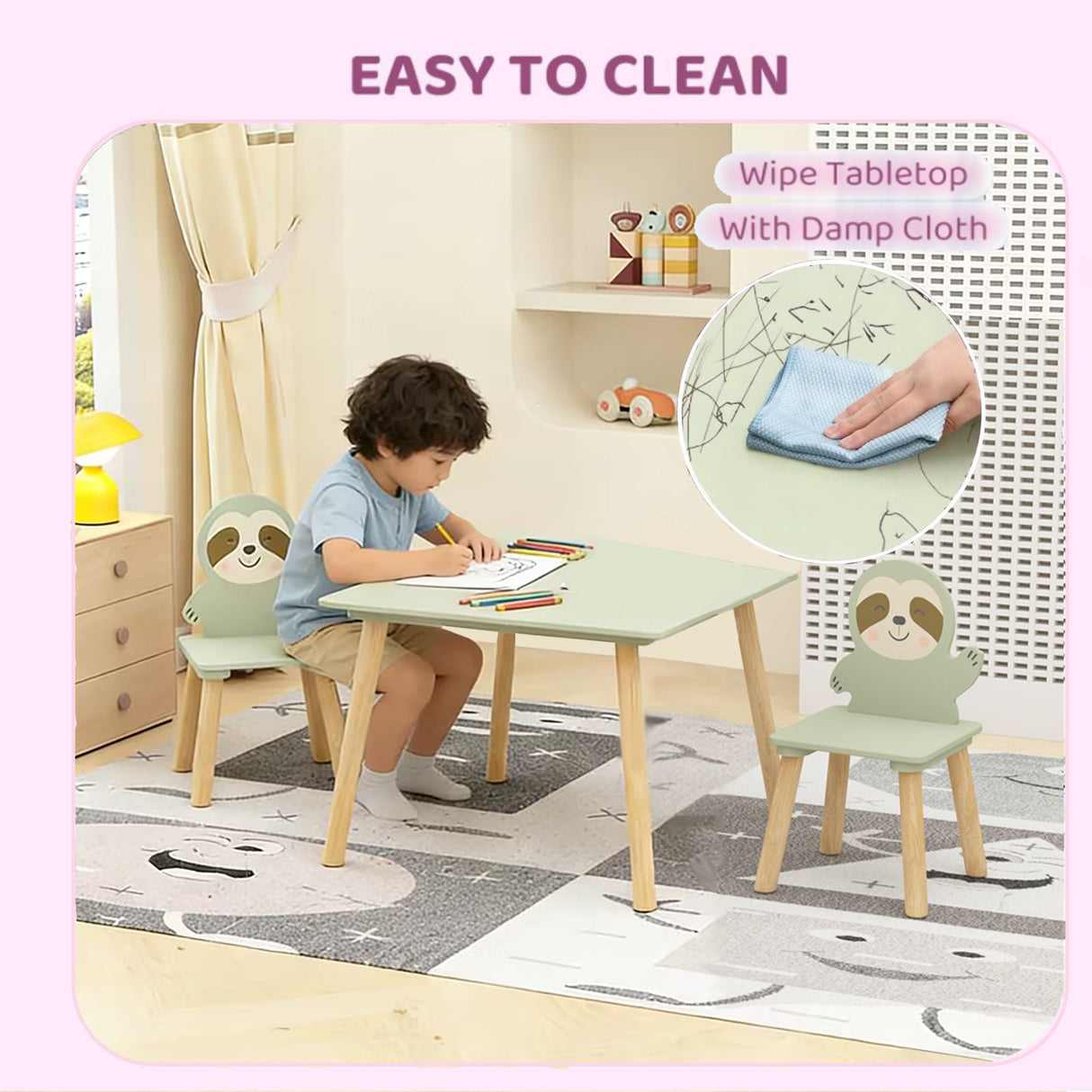Sloth Themed Table And Chair Set With 2 Cute Animal Chairs - Natural Wood / Sage Green