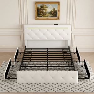 Upholstered Bed Frame With LED Lights, 4 Storage Drawers, Charging Station