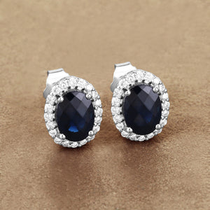 2.16 Carat Genuine Blue Sapphire and White Diamond 14K White Gold Earrings