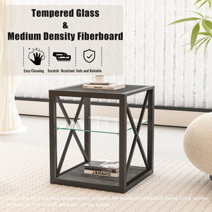 Modern End Table Nightstand with Tempered Glass & Wood Grain MDF